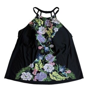 Cacique Tankini Swim Top Women 22 2X Floral Tropical High Neck Wire Free Modest